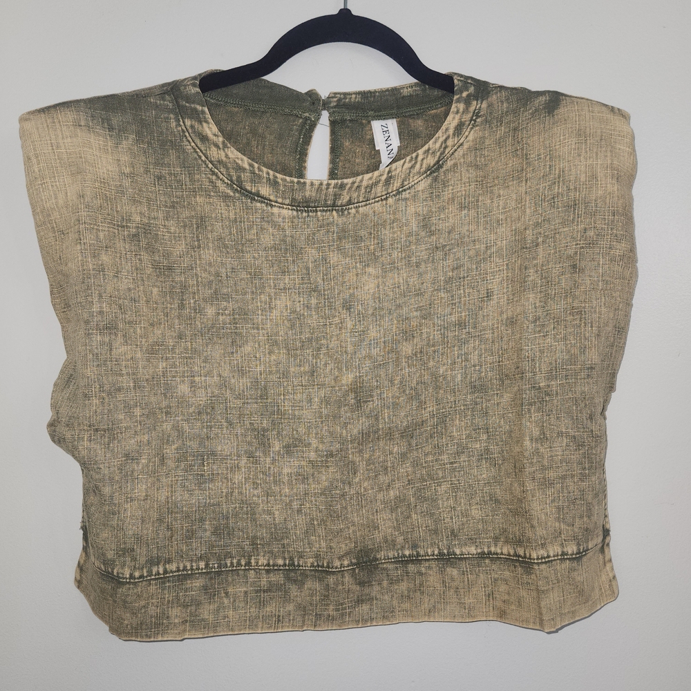 Zenana Outfitters Olive Mineral-Wash Crop Top Large